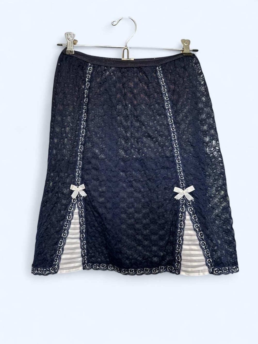 Vintage French 1960s Lou Slip Navy Lace skirt with white bow detail